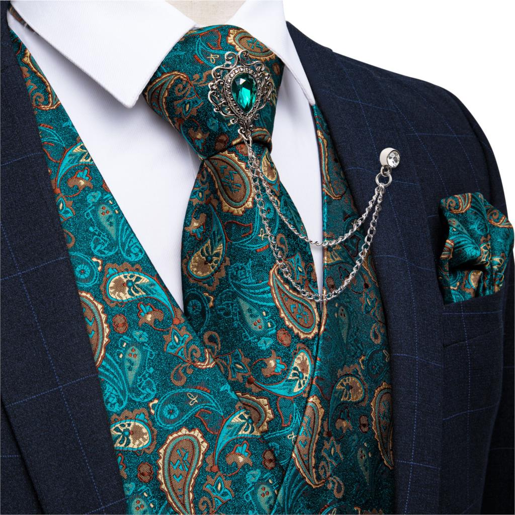 Men Formal Wear Vest - Mới Teal Xanh Họa Tiết Paisley