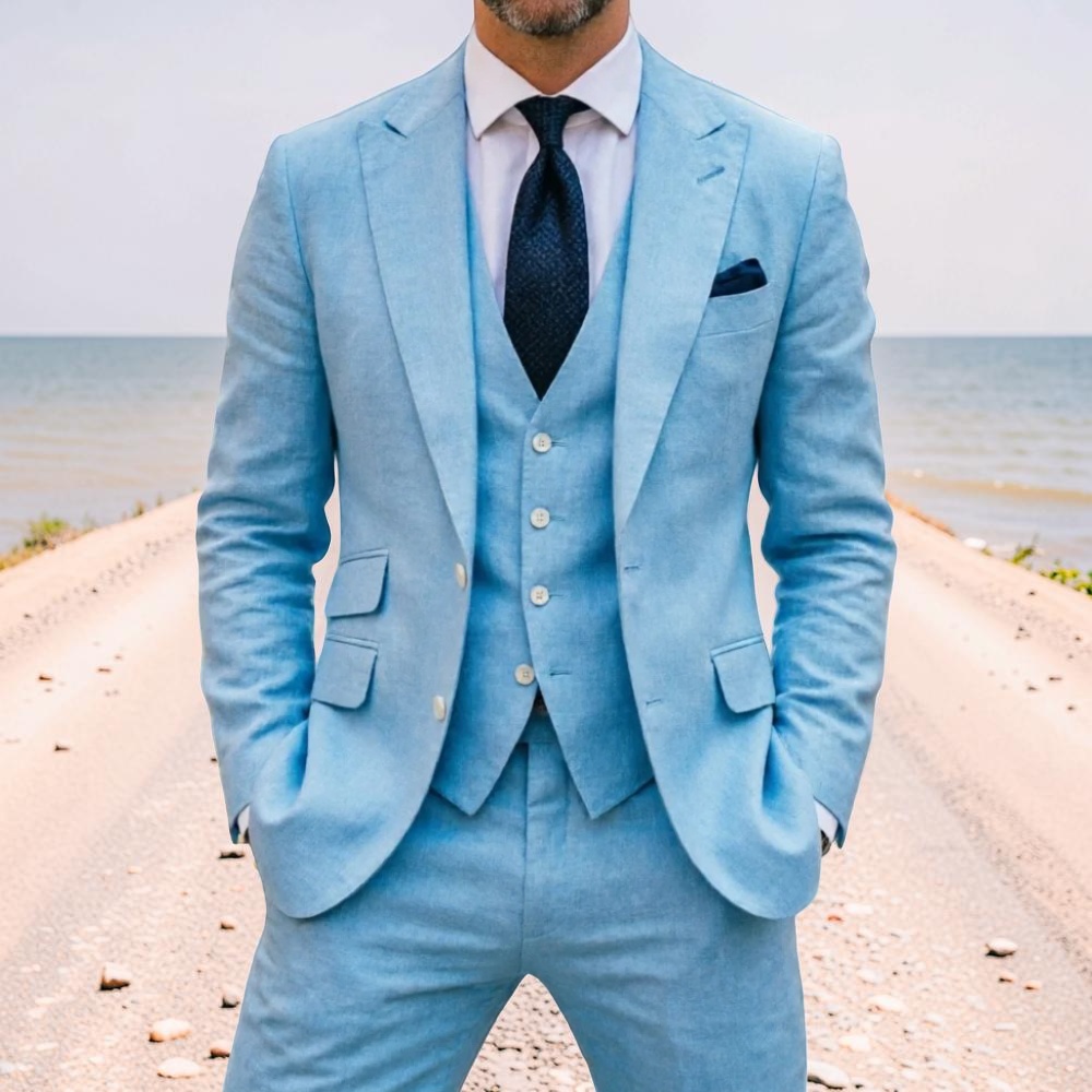 Men Formal Wear Blue - Sky Blue Linen Men Wedding Tuxedo