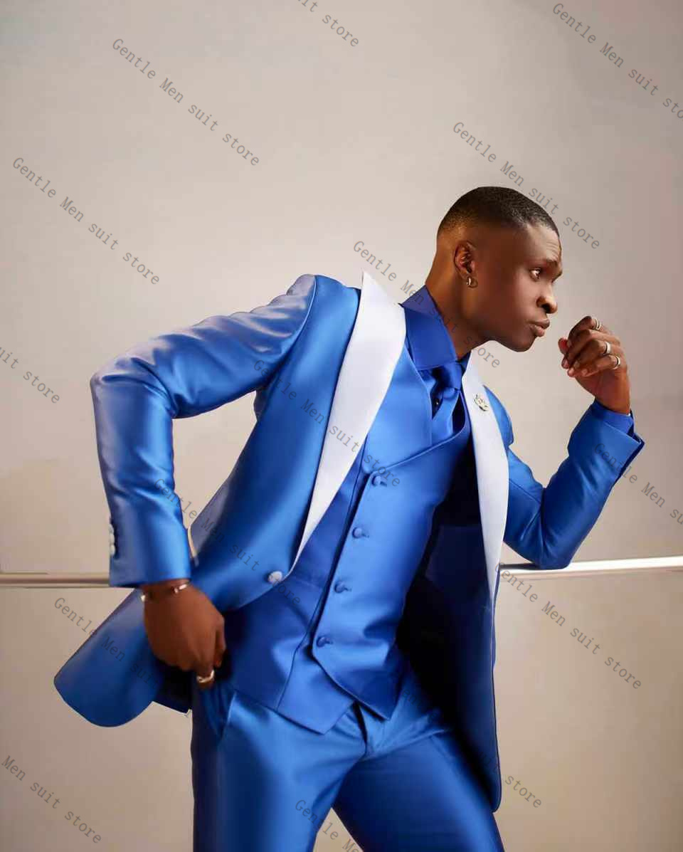 Light Blue Satin Men Suit Set  - đánh giá và giá Men Formal Wear Blue